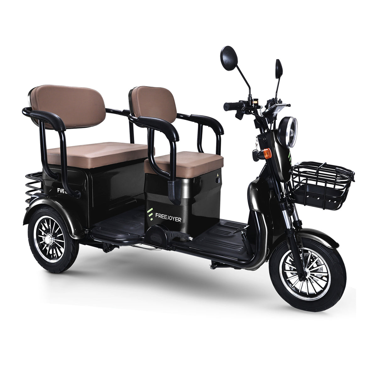 Black Freejoyer FV6 MAX electric three-wheel vehicle, front three-quarter view