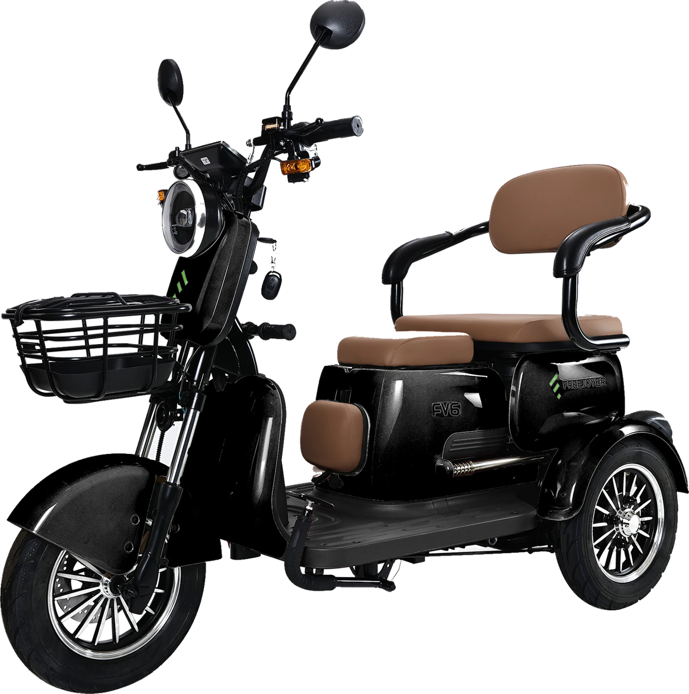 Black Freejoyer FV6 electric three-wheel vehicle shown in full