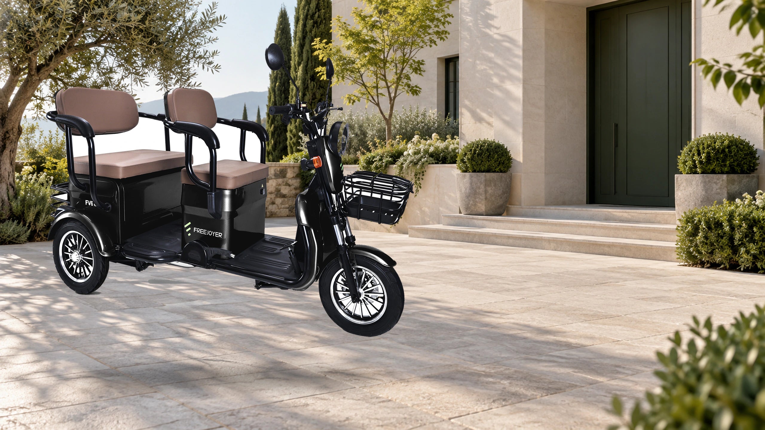 Black Freejoyer FV6 MAX electric three-wheel vehicle outside a European home